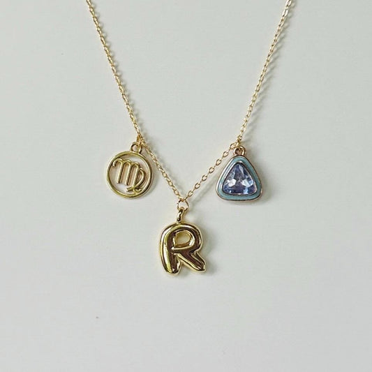Gold Personalized Charm Necklace – 18K Gold Plated Necklace with Letter, Zodiac, and Birthstone Charms, Custom Gift for Her