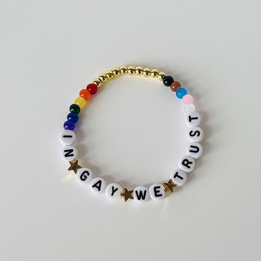 In Gay We Trust Bracelet – Rainbow Beaded LGBTQIA+ Support Jewelry, Handmade Pride Gift, Ally Wristband with Donation