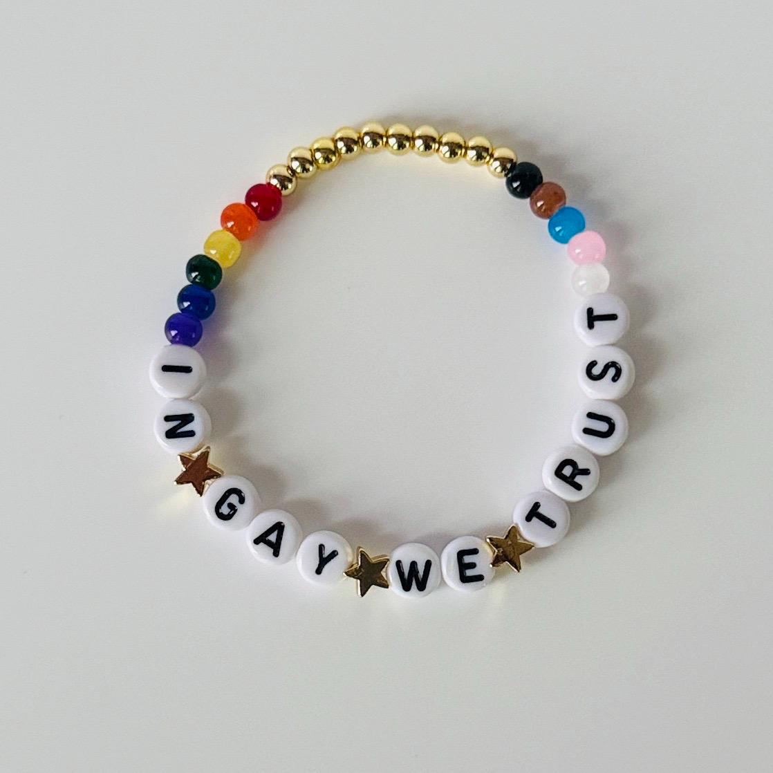 In Gay We Trust Bracelet – Rainbow Beaded LGBTQIA+ Support Jewelry, Handmade Pride Gift, Ally Wristband with Donation