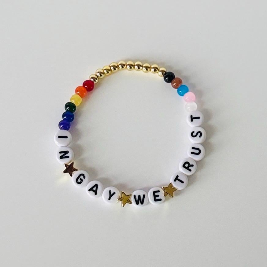 In Gay We Trust Bracelet – Rainbow Beaded LGBTQIA+ Support Jewelry, Handmade Pride Gift, Ally Wristband with Donation
